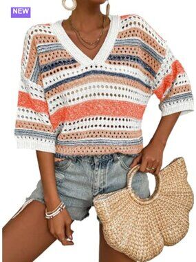 Crochet Knit Short Sleeve Striped Sweater V-Neck Hollow Out Top